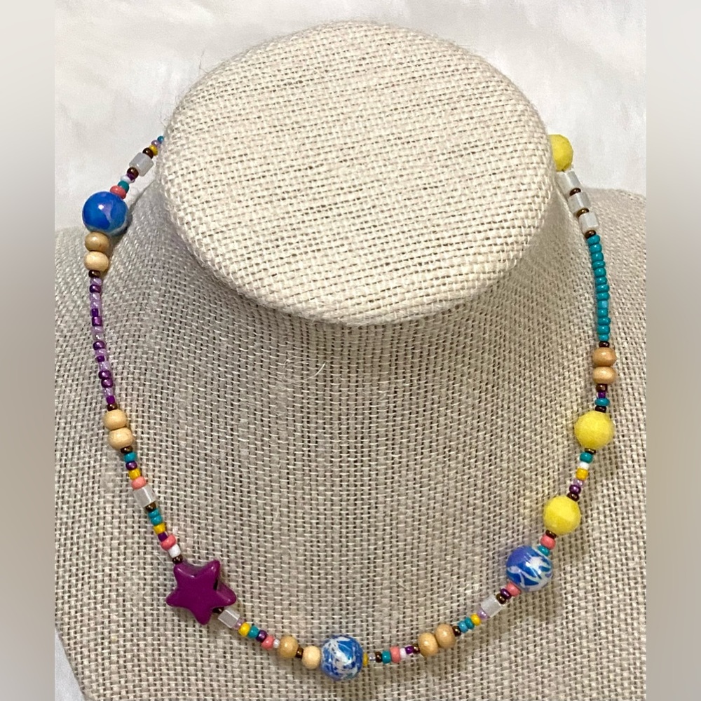 Multi-Color Purple Star Beaded Choker Necklace Boho Y2K Essential Preppy Coastal